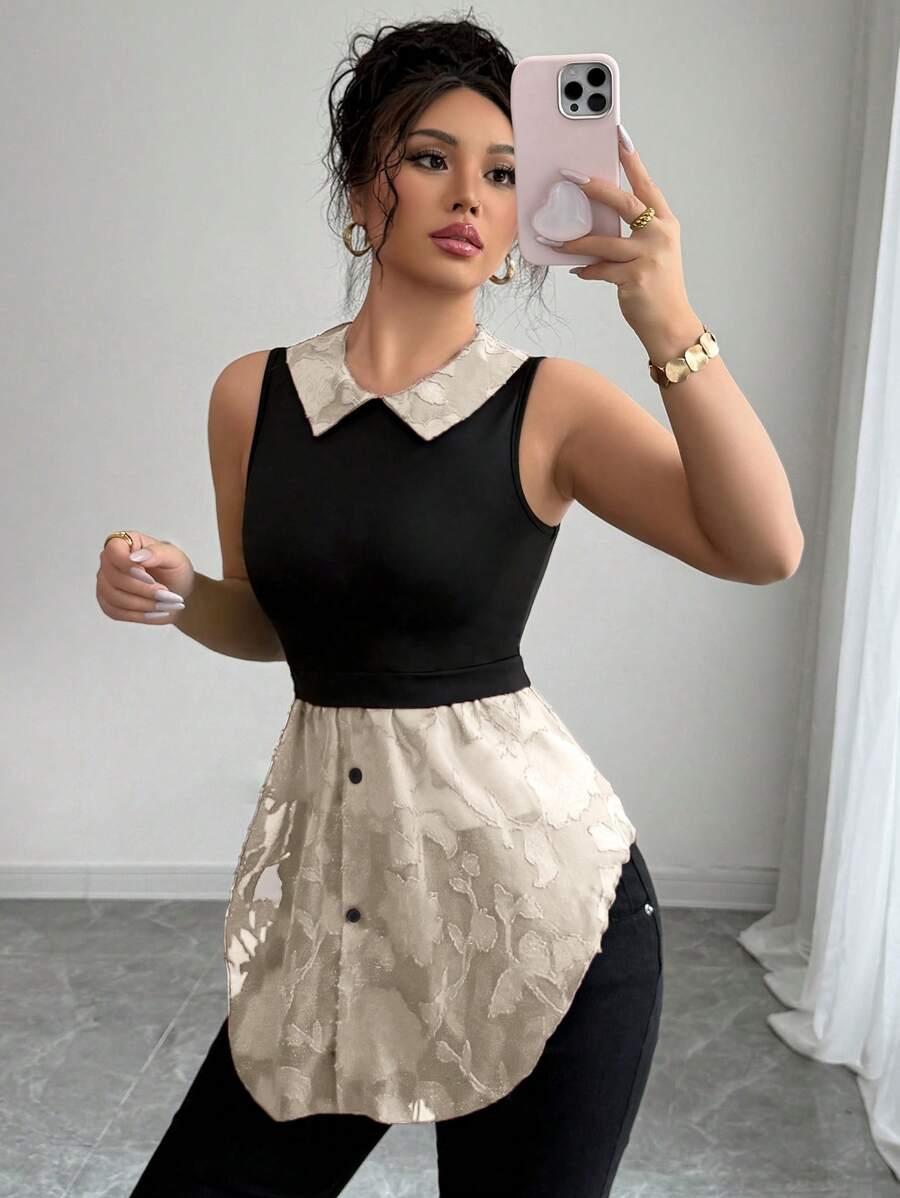 Elenzga Women's Mesh Patchwork Floral Jacquard Ruffle Hem Sleeveless Fashionable Blouse Beige - Apricot - View 1