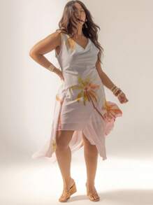 Aralina Curve Printed Cowl Neck Asymmetrical Hem Beach Vacation Outfits Women Maxi Dress - Multicolor - View 4