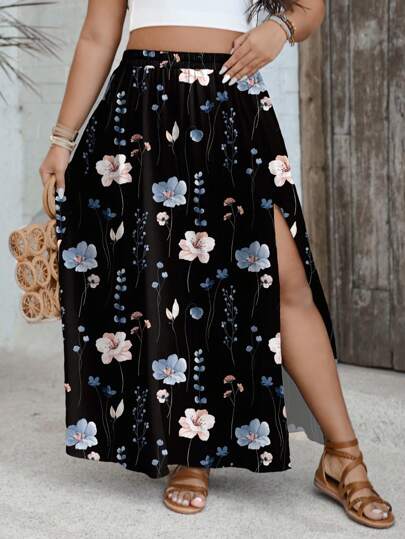EMERY ROSE Holiday Style All-Match Casual Plus Size Women's Black Bottom Floral Pattern Elastic Waist Side Slit Hem Casual Skirt Summer Women's Skirt Fall Clothes