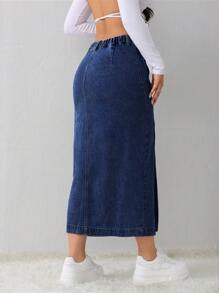 SHEIN Tall 女士牛仔裙休闲宽松侧开叉蓝色中长裙高腰女裙浅蓝色裙子蓝色裙子冬季女装 - 深色水洗藍 - 查看 2