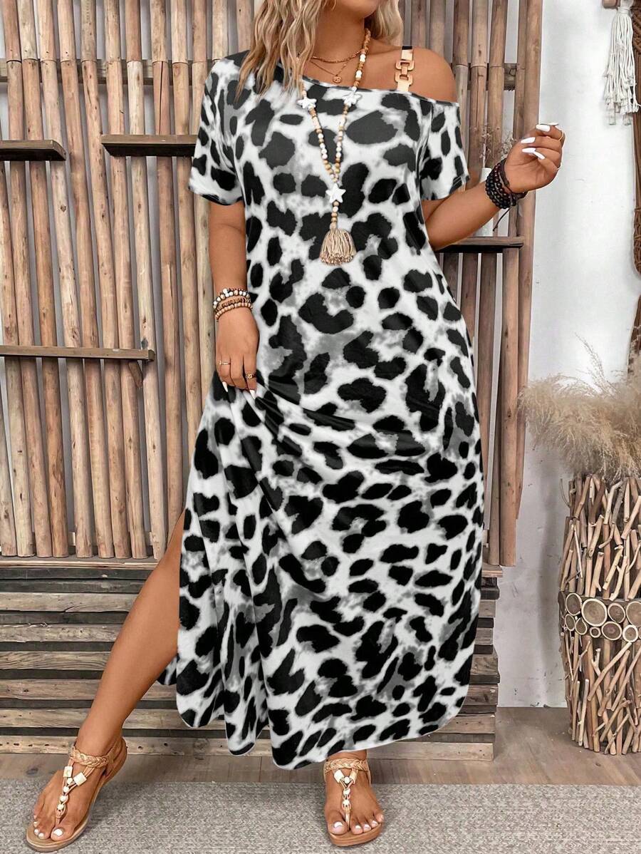 加大码豹纹不对称领口短袖宽松优雅柔软开叉连衣裙斜肩设计超长女装 - 白色 - 查看 1