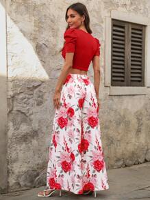 Ellevyn 2 Stücke Damen Set aus Pullover mit Blume Muster, Rundhalskragen und Puffärmeln sowie weiten Hosen, romantisch und elegant für den täglichen Gebrauch - Rot - Übersicht 5