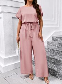 SHEIN Clasi Plus Size Elegant Round Neck Jumpsuit With Waist Belt And Wide Leg