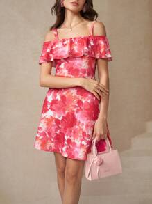 SHEIN Clasi Women's Ruffle Floral Print Ruffle Hem A-Line Dress