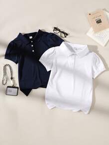 SHEIN T-shirt blu con colletto Judy per ragazza tween, 2 pezzi a tinta unita a maniche corte, moda stile 3D semplice, adatti per uscite primaverili/estive, vacanze, viaggi, uso domestico e sport casual