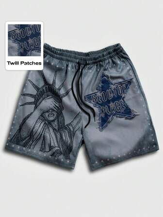 Goth Pantalones cortos informales de hombre con diseño gráfico de escultura y letras, con cordón en la cintura, para el verano