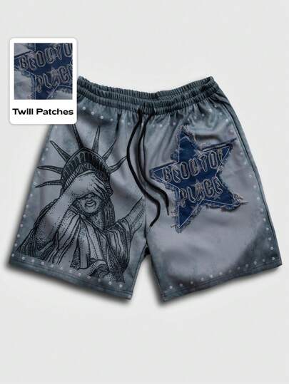 Men's Goth Casual Street Sculpture & Letter Graphic Drawstring Waist Shorts, Summer, Halloween