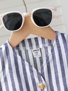 Young Girls Striped Cardigan Sleeveless Top & Striped Casual Pants Set, Suitable For Commuting And School - Blue - View 4