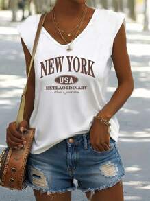 SHEIN LUNE 女士休闲纽约图案 V 领无袖上衣，适合夏季穿着 - 白色 - 查看 4