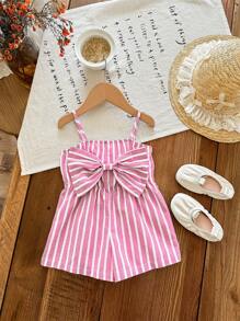 SHEIN LMoss Kids 女宝宝可爱休闲夏季粉色和白色条纹蝴蝶结肩带连体衣 - 粉色 - 查看 3