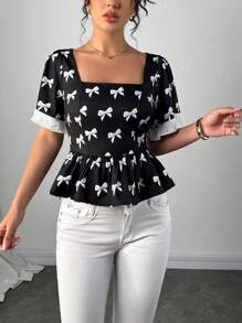 Selianne 方领腰部收腰蝴蝶碎花衬衫，夏季时尚单品 - 黑與白 - 查看 1