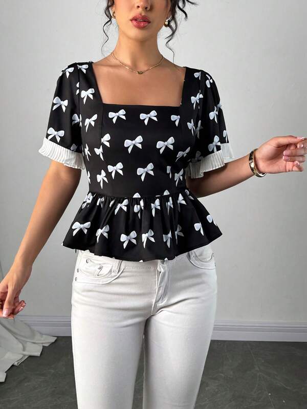 Elenzga Square Neck Waist Cinched Butterfly Floral Shirt, Fashionable For Summer