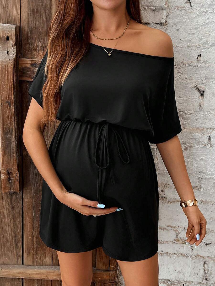 SHEIN Maternity Solid Color Batwing Sleeve Waist Summer Maternity Jumpsuit Casual - Black - View 1