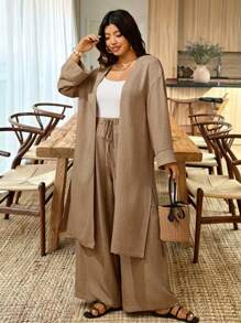 Sunserae 大码女式两件套休闲长袖宽松开衫和阔腿裤，适合所有季节 - 卡其色 - 查看 8
