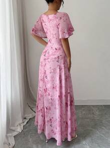 Modelyn Chiffon vlinderprint vleermuismouwen geplooide zoete Franse zomerjurk voor dames