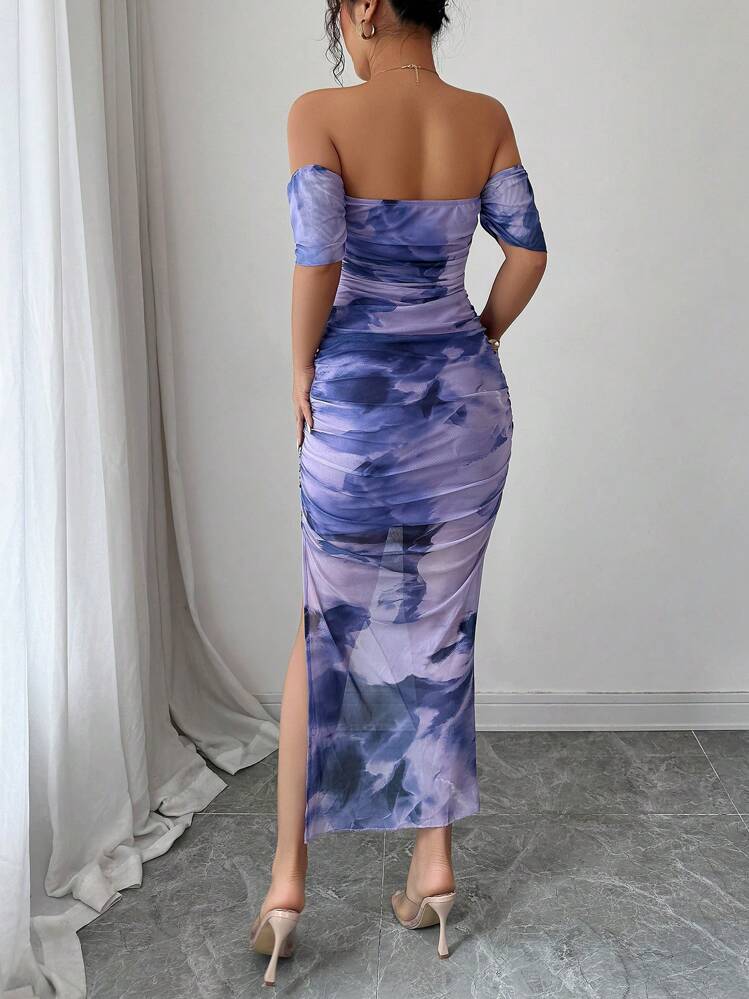 Elenzga Women's Elegant Off Shoulder Tie-Dye Slit Fitted Dress, Autumn Maxi Women Outfit - Mauve Purple - View 2