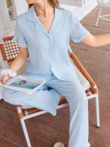 SHEIN Plaid Print Ruffle Trim Short Sleeve & Pants Women Pajama Set - Blue - View 4