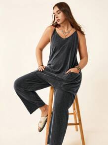 SHEIN LUNE 大码女式休闲口袋酸洗连体裤 - 黑色 - 查看 7