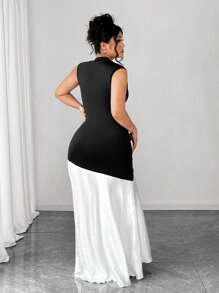 Elenzga Summer Fashionable French Retro Elegant Pearl Collar Color Block Waist Fitted Dress Women Plus Clothing Business Casual Women Casual Dress Women Birthday Outfit Women Dresses Birthday - Black - View 2