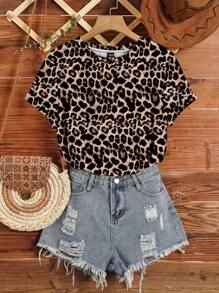 Easowa 女士休闲豹纹圆领短袖宽松T恤，适合夏季穿着，豹纹印花，休闲百搭。 - 彩色 - 查看 4