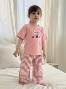 Hapijoa Conjunto de ropa informal para niñas bebé con camiseta de manga corta con estampado de dibujos animados de cuello redondo y pantalones a cuadros - Rosa Pálido - Ver 3