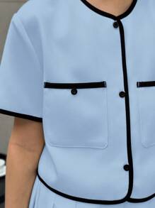 SHEIN Nova Glow Tween Girls Woven Colorblock Short Sleeve Shirt And Pleated Skirt Elegant 2-Piece Set - Baby Blue - View 3