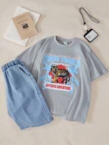 SHEIN 2 件套女童动物印花短袖 T 恤和休闲牛仔七分裤夏季服装 - 灰色 - 查看 1