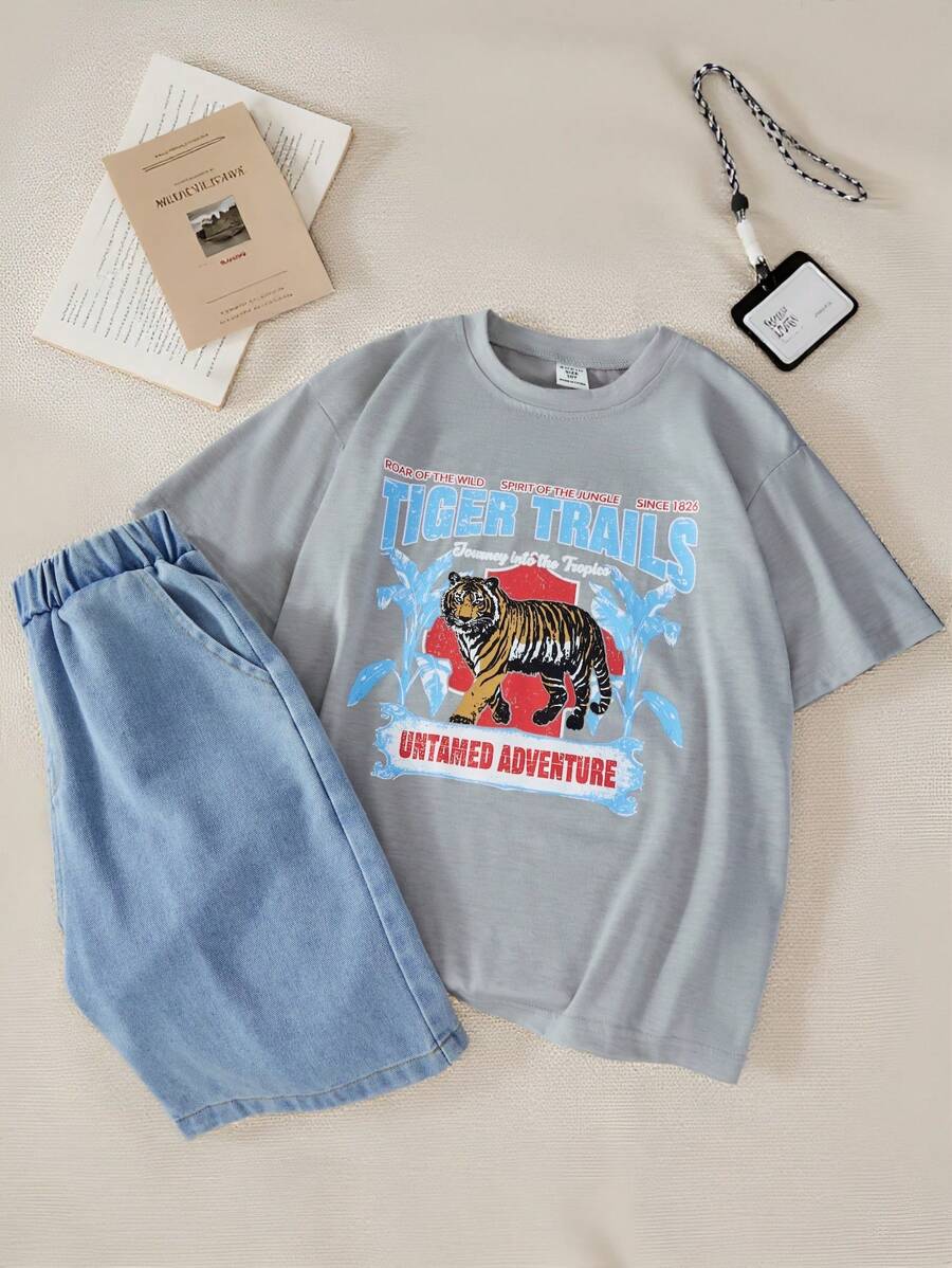 SHEIN 2 件套女童动物印花短袖 T 恤和休闲牛仔七分裤夏季服装 - 灰色 - 查看 1