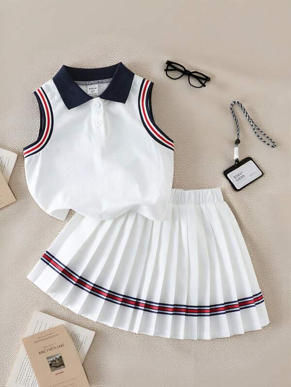 SHEIN 2 pezzi/set stile college per ragazze, top lavorato a maglia con scollo a V e bottoni, minigonna plissettata, adatto per la scuola e le uscite, tutto-fiammifero casual/quotidiano, adatto per l'estate