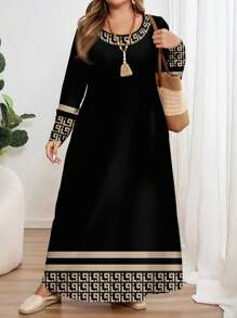 Mellowie 经典几何印花大码长袖圆领连衣裙 - 彩色 - 查看 5