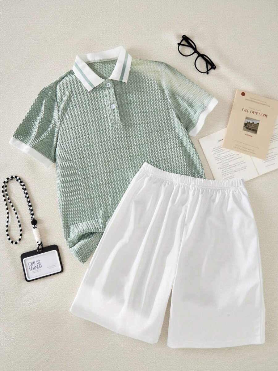 SHEIN Set da 2 pezzi per ragazzi pre-adolescenti, comodo, con polo e pantaloncini a maniche corte, per l'estate