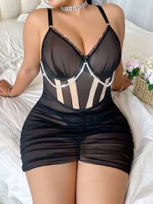 SHEIN 2 piezas Conjunto de camisón sexy de red para mujer con pliegues - Negro - Ver 1