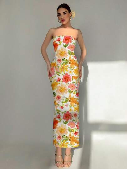 Aloruh Women Elegant Vacation Bodycon Halter Watercolor Floral Print Maxi Dress, Suitable For Beach/Resort/Elegant/Romantic Date/Valentine's Day/Music Festival