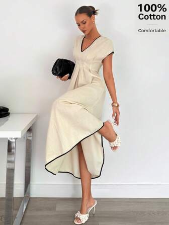 Siren Gaze 女式亚麻长裙，腰部收褶和色块装饰，舒适棉质面料，夏季