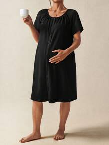 SHEIN Maternity Round Neck Raglan Sleeve Single-Breasted Nursing Dress - Black - View 4