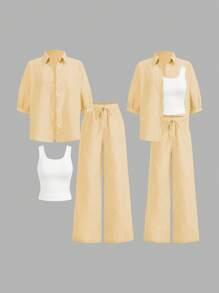 SHEIN LUNE Bộ 3 áo sơ mi hở trước màu xanh và trắng cho nữ, quần dài kẻ sọc và áo hai dây màu trắng, mùa xuân và mùa hè - Màu vàng - Xem 3