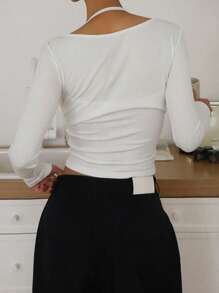 DAZY Women Two Pieces Style Solid Color Twist Front Long Sleeve T-Shirt,Fall Clothes - White - View 6