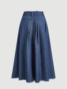 SHEIN MOD MOD 女士休闲宽松牛仔长裙，优雅女士半身裙，女士太阳裙，牛仔女郎，音乐会，狂欢节，圣帕特里克节，春假裙，伊比沙岛风格，复古风 - 深色水洗藍 - 查看 2