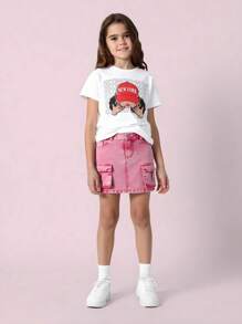 Denimly Tween Girls 2pcs Casual Set: Loose Fit Hoodie T-Shirt With English Letter Print & Sweet Pink Denim Cargo Skirt With Elastic Waist, Urban Street Style - White - View 8
