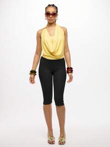 SUMWON WOMEN 纹理针织卡普里紧身裤，高腰无缝合身，中长款，夏季日间日常休闲裤