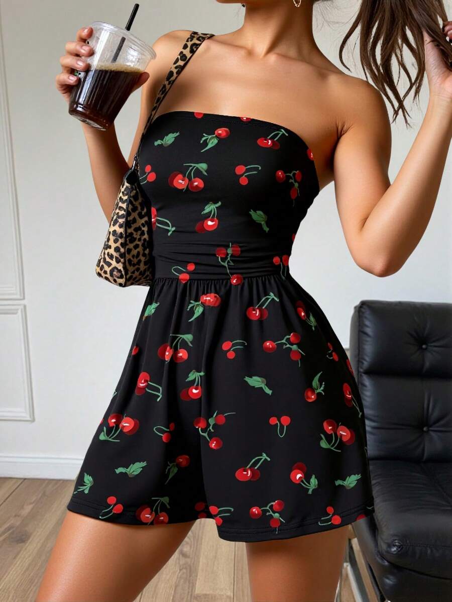 INAWLY Cherry Print Casual Tube Top Romper For Summer - Multicolor - View 1