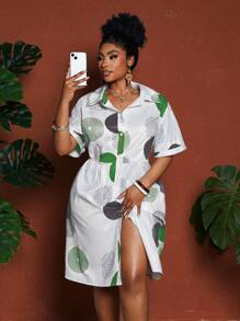 Maweii 大码女式圆形印花 A 字连衣裙，休闲短袖褶饰前开衫连衣裙 - 彩色 - 查看 4