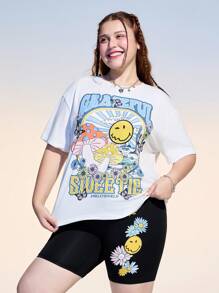 SmileyWorld® | SHEIN 加大码蘑菇字母图案短袖T恤和短裤两件套，夏季休闲 - 黑與白 - 查看 4