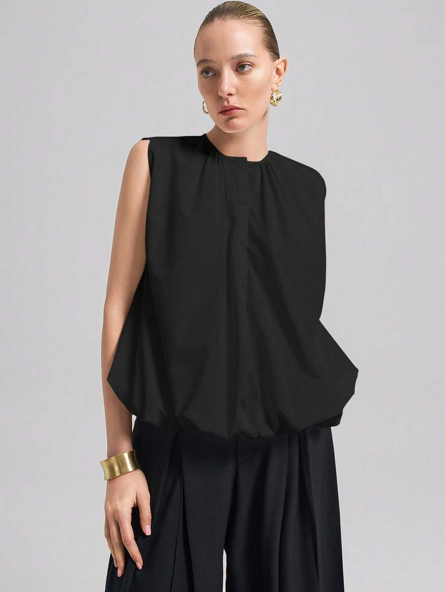 Ontre 2026春夏女式衬衫，圆领纯黑色无袖上衣，带口袋设计，优雅商务休闲风，适合情人节、节日、婚礼宾客等场合，复古高贵百搭。 - 黑色 - 查看 1