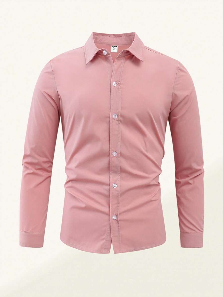 SHEIN Explorewe 青少年男生校服休闲修身长袖衬衫，适合各种活动和毕业典礼，秋冬季时尚百搭。 - 粉色 - 查看 1