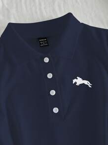 Flirla Vestido casual de manga corta con estampado ecuestre y cuello polo para mujer