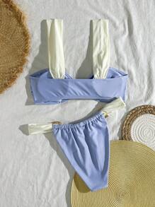 Swim Vcay Bộ 2 chiếc/Bộ Bikini tam giác cạp cao họa tiết vá màu trơn dành cho nữ, đồ bơi tối giản hàng ngày - Màu xanh nhạt - Xem 2