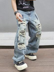 Manfinity EMRG Jeans de mezclilla de estilo callejero para hombres con bolsillo de contraste y efecto desgastado