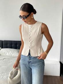 Siren Gaze Women's Sleeveless Solid Color Textured Fabric Button-Up Shirts, Summer