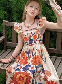 SHEIN LMoss Kids 女童碎花方领荷叶边下摆休闲连衣裙 - 黑與白 - 查看 6
